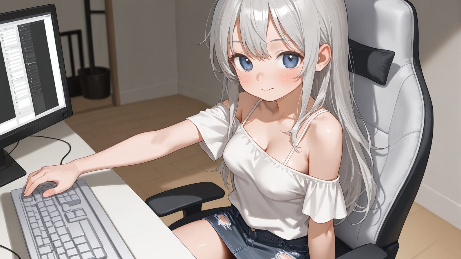 白い椅子に座った銀髪のアニメ調の人物が、左のモニターとキーボードに向かって手を伸ばしている。