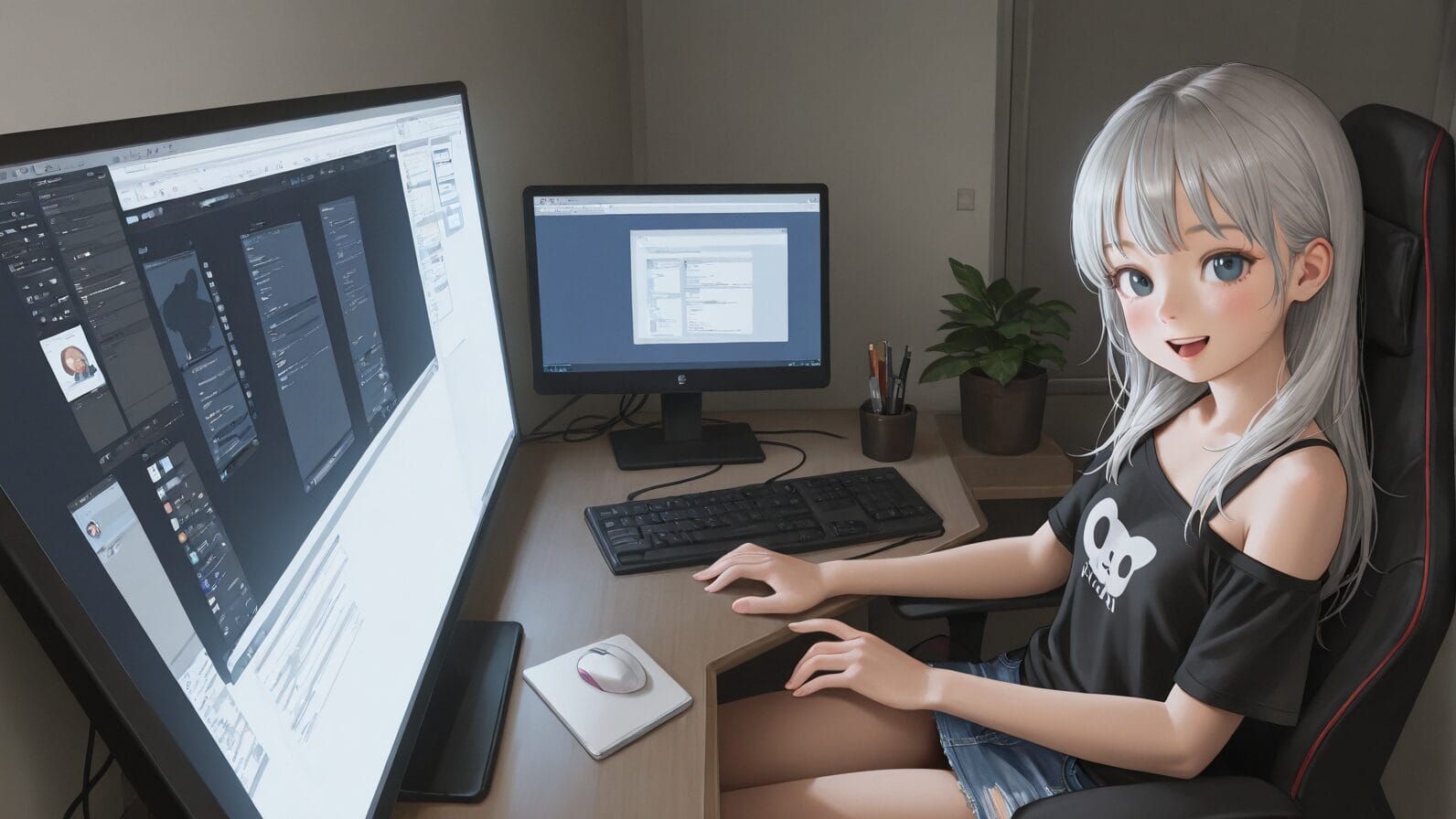 複数モニターのあるデスクで、銀髪のアニメ調の人物が作業画面を見ながら椅子に座っている。