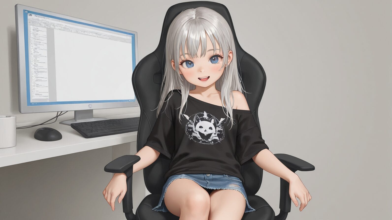 PCモニターの前で、黒いTシャツとデニムスカート姿の銀髪のアニメ調の人物が椅子に座っている。