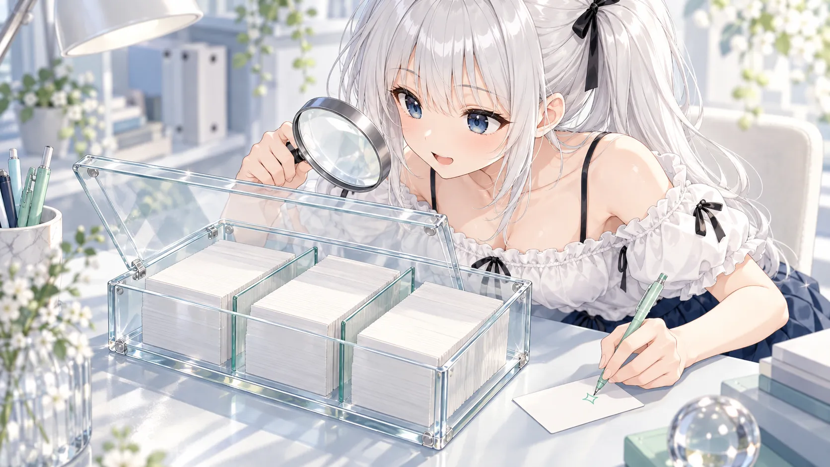 じぴこが虫眼鏡でガラス箱の中の記憶カードをのぞき、仕切りで分けたカードの一枚をペンで直しているイラスト