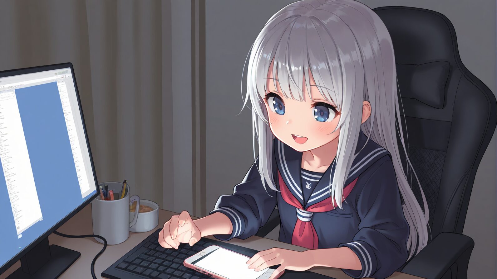 机でPCとスマートフォンを前に作業し、外部記憶の運用を進める少女のイラスト。