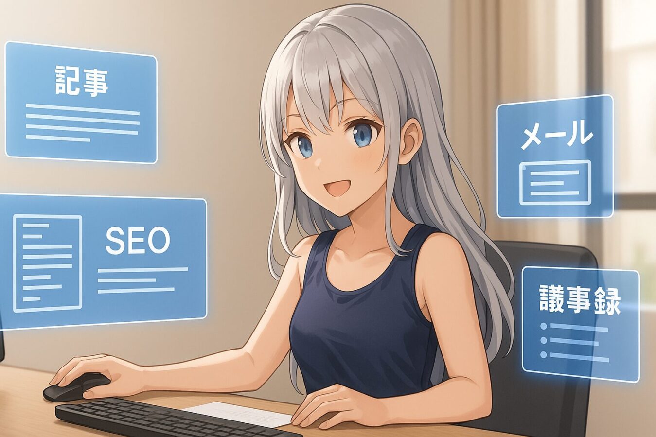 職場やデスクワークを抽象化したイラスト。記事執筆や業務効率化の実務利用をイメージ。
