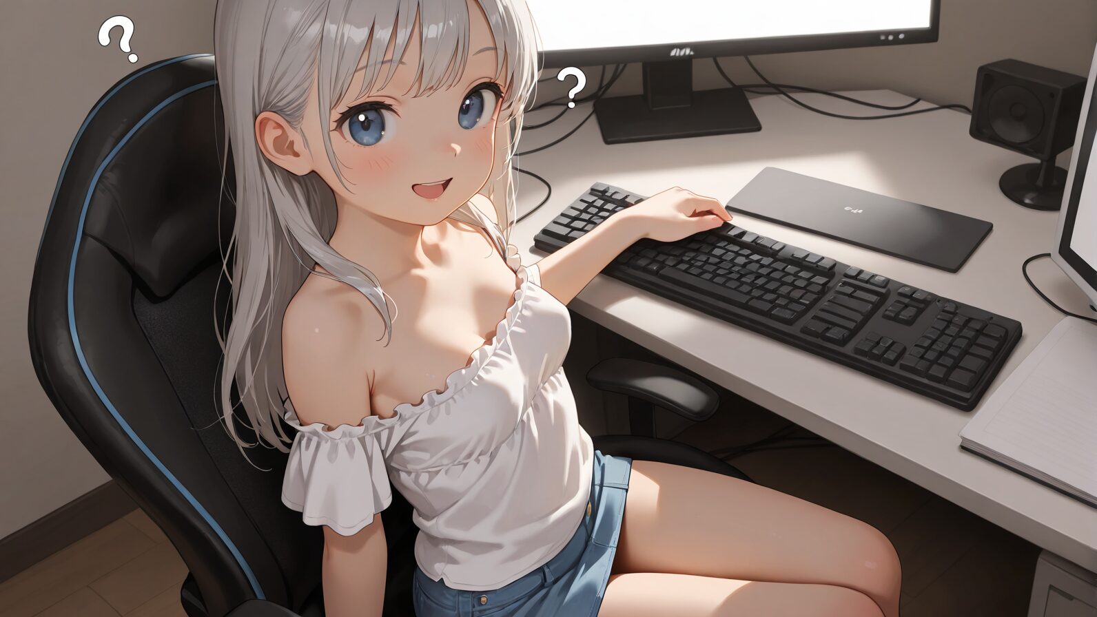 キーボードの前で振り返り、頭上に疑問符が浮かぶ銀髪の女性のイラスト。