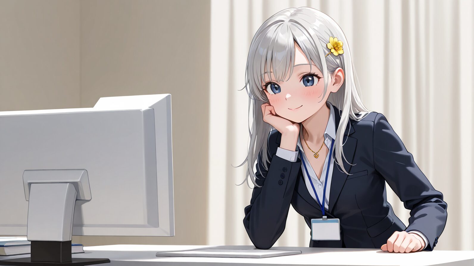 デスクの前で顎を手に乗せ、左のモニターを見つめる銀髪の女性のイラスト。