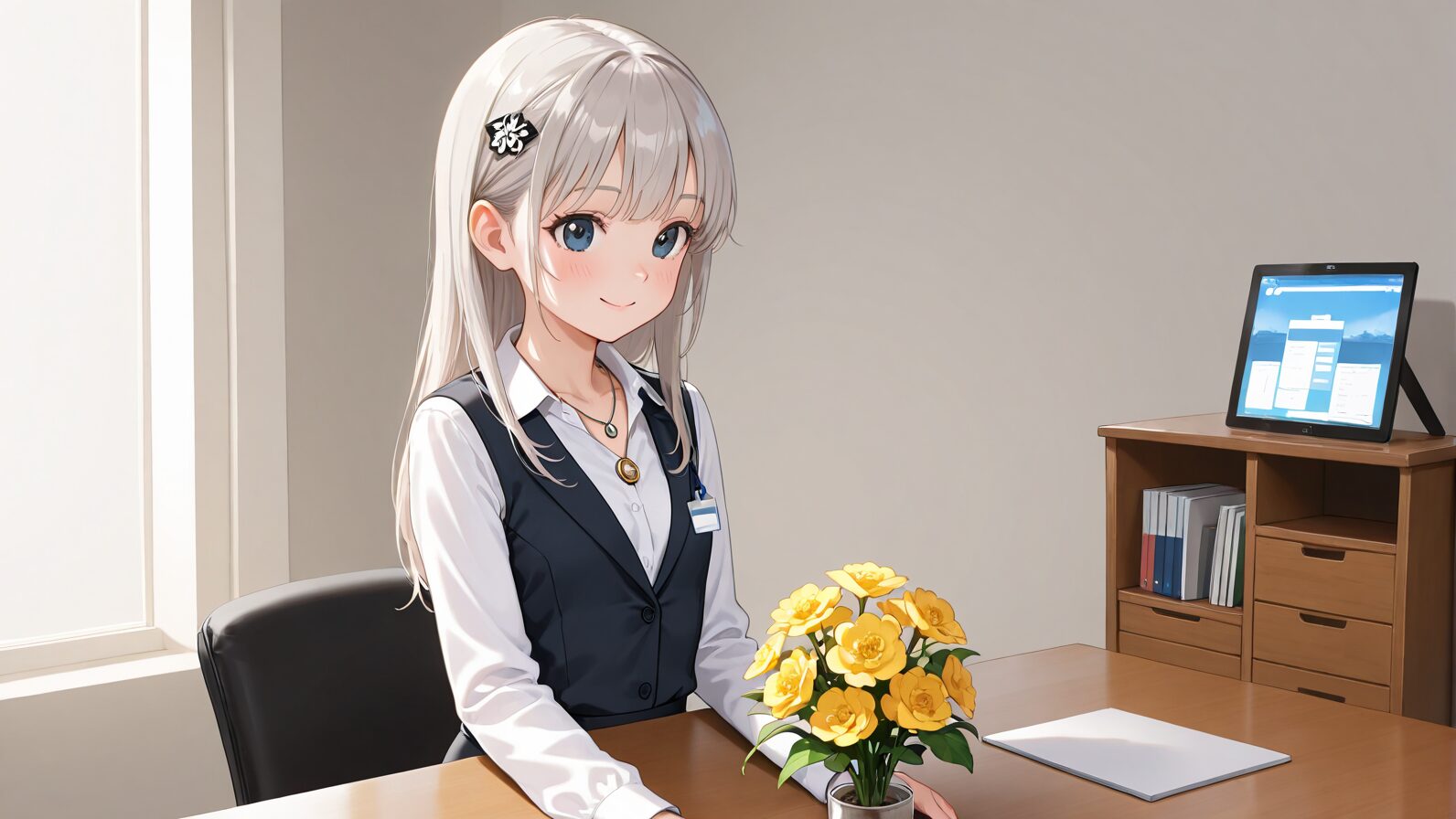 窓際の机に座る銀髪の女性が、右奥のタブレット画面を背にしているイラスト。