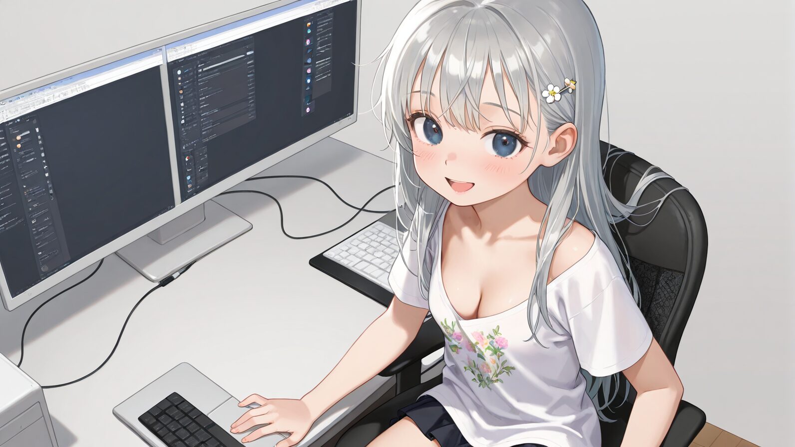 デュアルモニターの前で振り返る銀髪の女性が、白いTシャツ姿で座るイラスト。