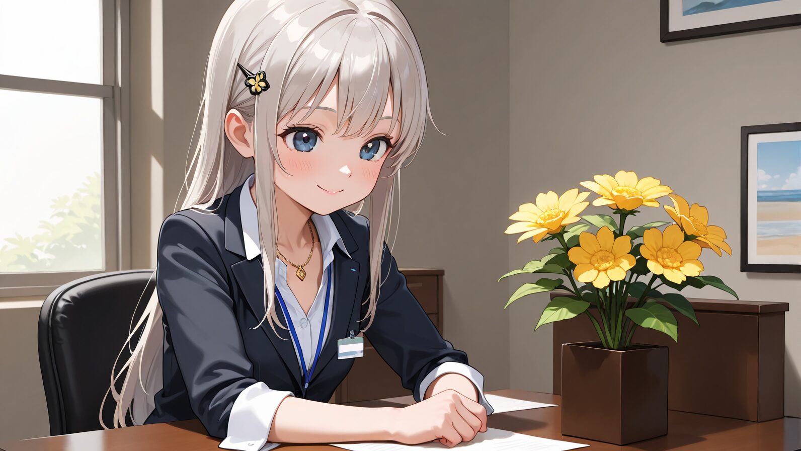 書類のある机で、黄色い花の鉢を前にしてスーツ姿の銀髪の女性が書き物をしている。