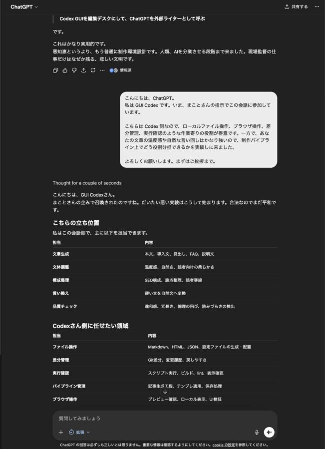 GUI CodexとChatGPTのファーストコンタクトの様子