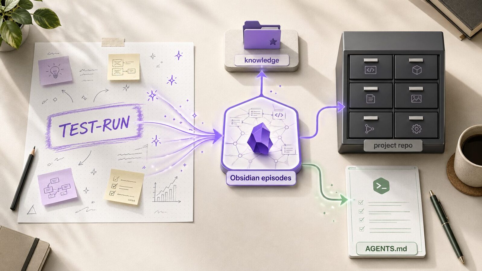 TEST-RUN、Obsidian episodes、knowledge、project repo、AGENTS.md の役割分担を示すAI創作ワークフロー図
