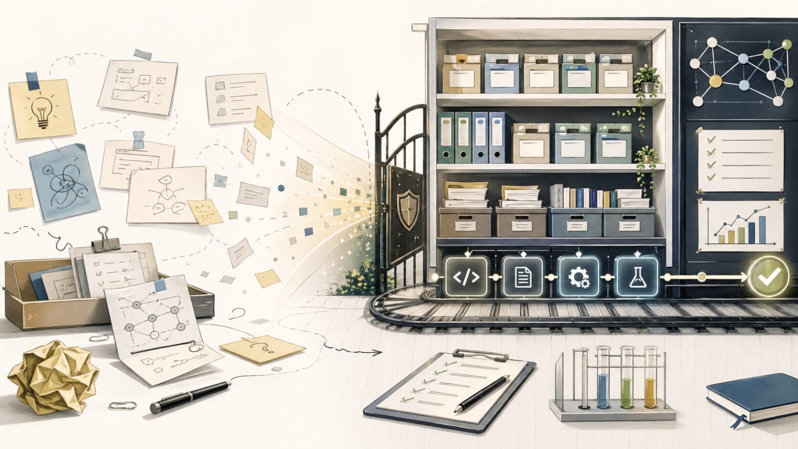 整ったrepoの構造と未整理のアイデアカードを対比し、正式な作業場には最初から責任が伴うことを示す図解
