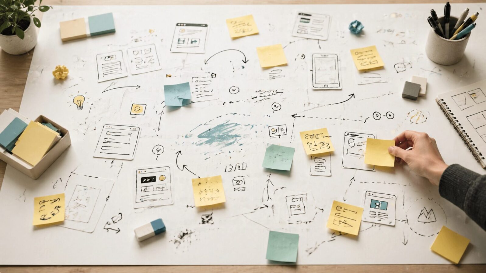 白いキャンバス上に付箋や試作カードを自由に並べ、壊してよい作業場だから試せることを示す図解
