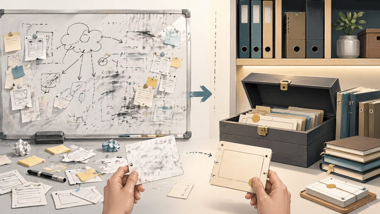 消せるホワイトボードと安全な保管箱を対比し、揮発的な作業場に正本を置かない考え方を示す図解
