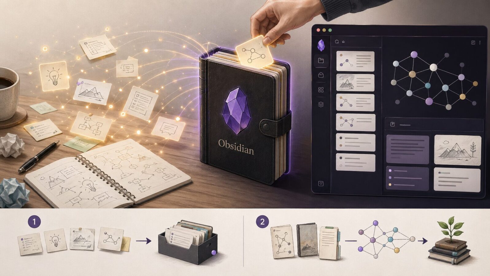 Obsidianを思わせる黒紫のノートと結晶モチーフが、散らばった着想の火花を拾い上げて記憶として整理する様子を示す図解
