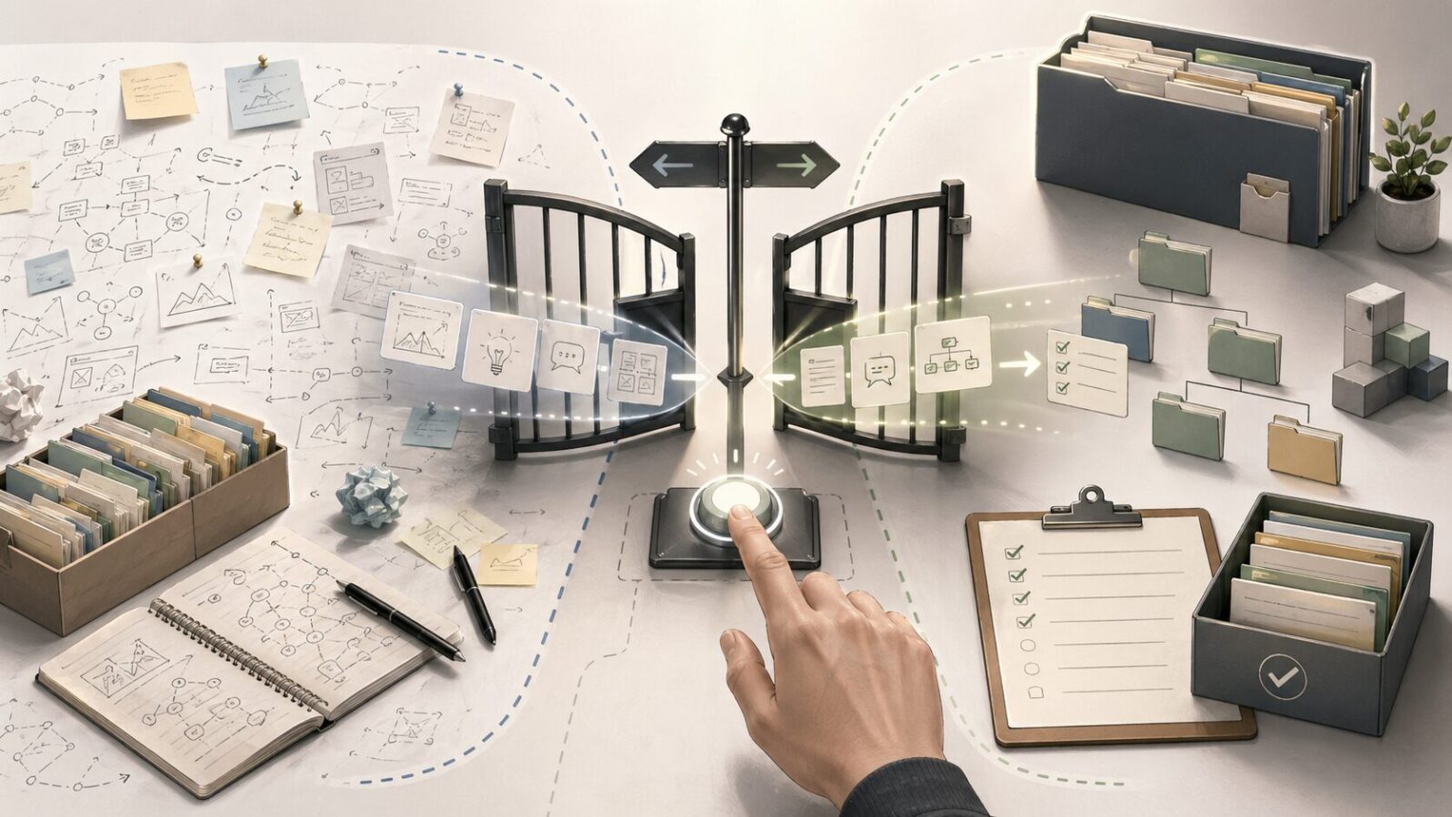 探索を続ける作業場と正式なプロジェクト領域の分岐で、人間がボタンを押して昇格を明示判断する様子を示す図解
