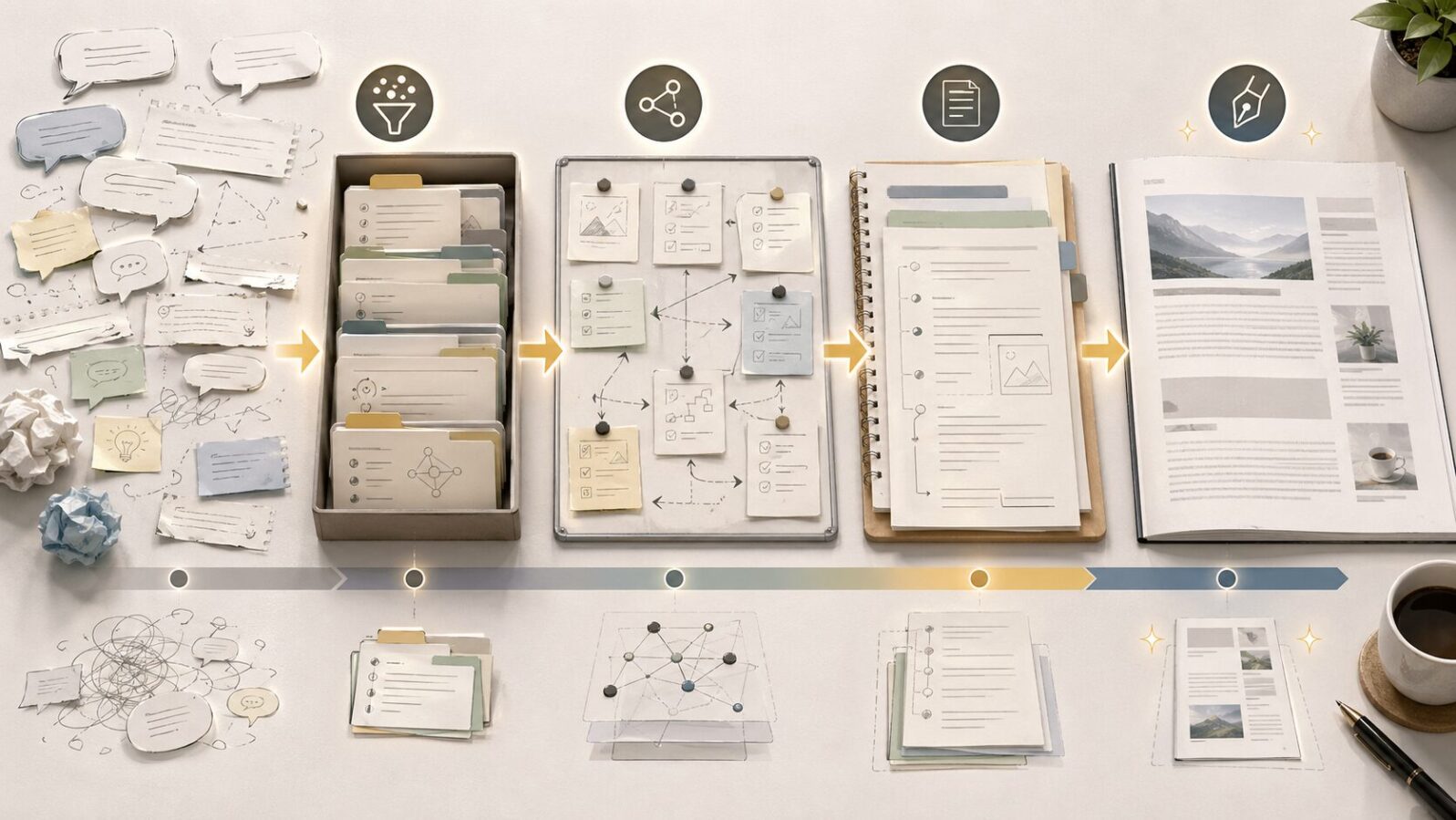 散らばった会話メモが素材カード、構成ボード、原稿束を経て記事ページへ変わる流れを示す図解
