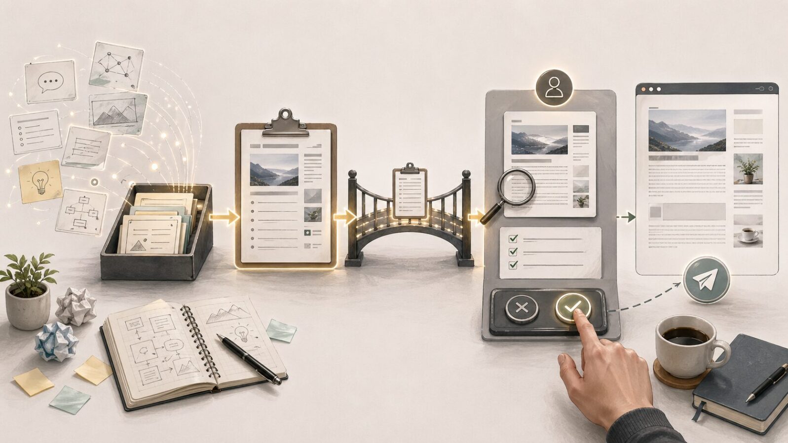 クリップボードを通じて用意された成果物が、投稿前の確認ゲートで止まり、人間が最終判断を握る流れを示す図解
