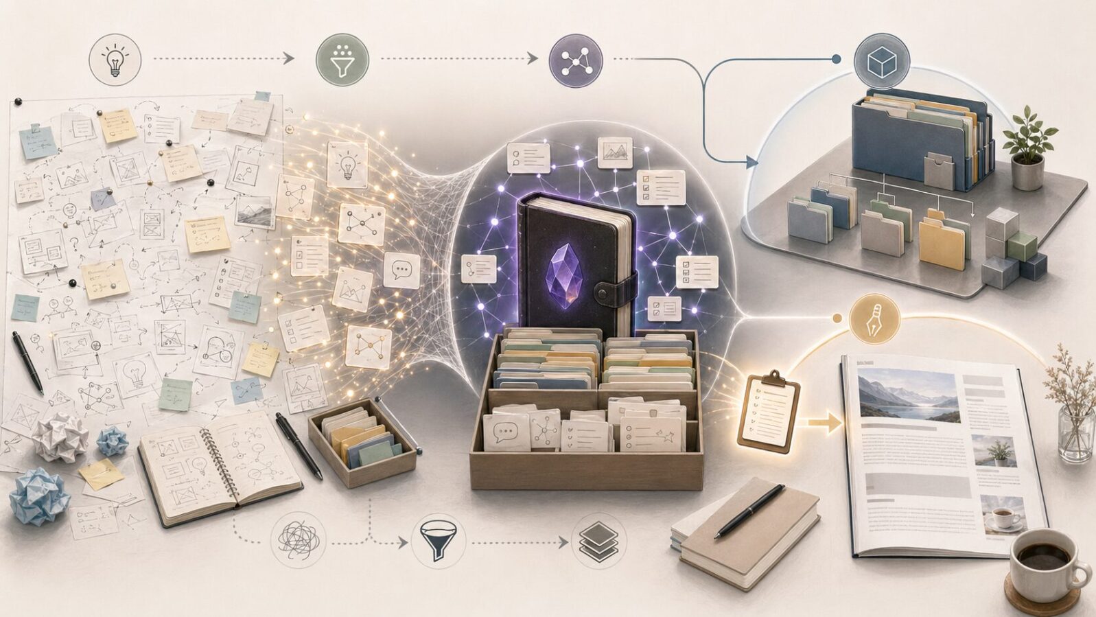 自由に試せる作業場、記憶として拾い上げる層、プロジェクトや記事への出口が一つにつながる全体像を示す図解
