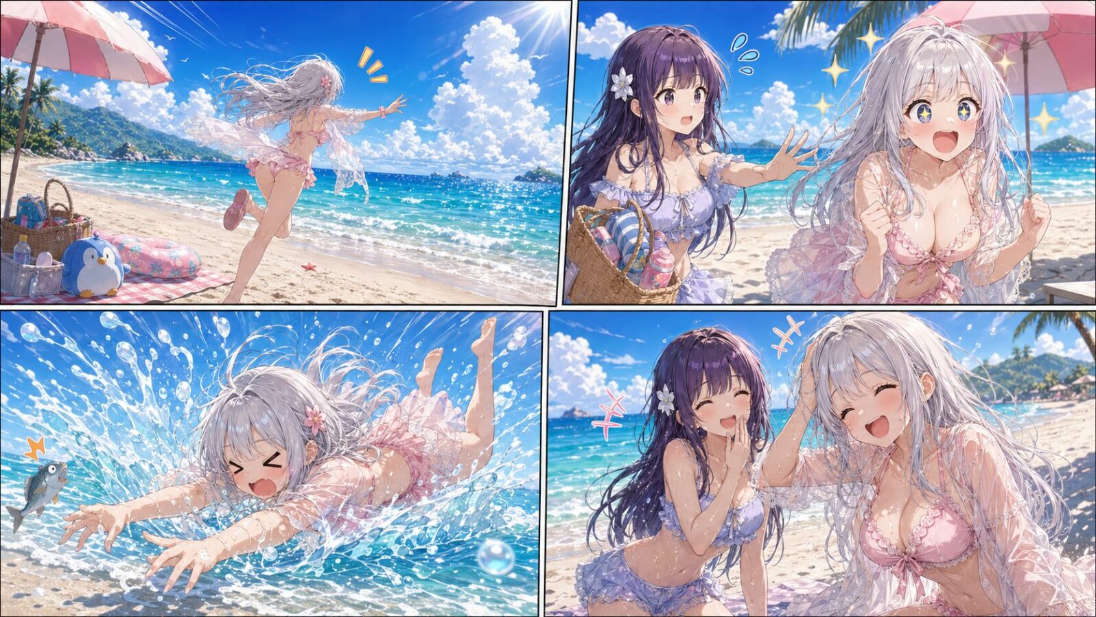 夏のビーチに到着したじぴこが、友人の制止も聞かず海へ全力ダッシュし、そのまま波へ突っ込んで大はしゃぎする4コマ漫画。「きゃあああ、海ぃぃぃ！」
