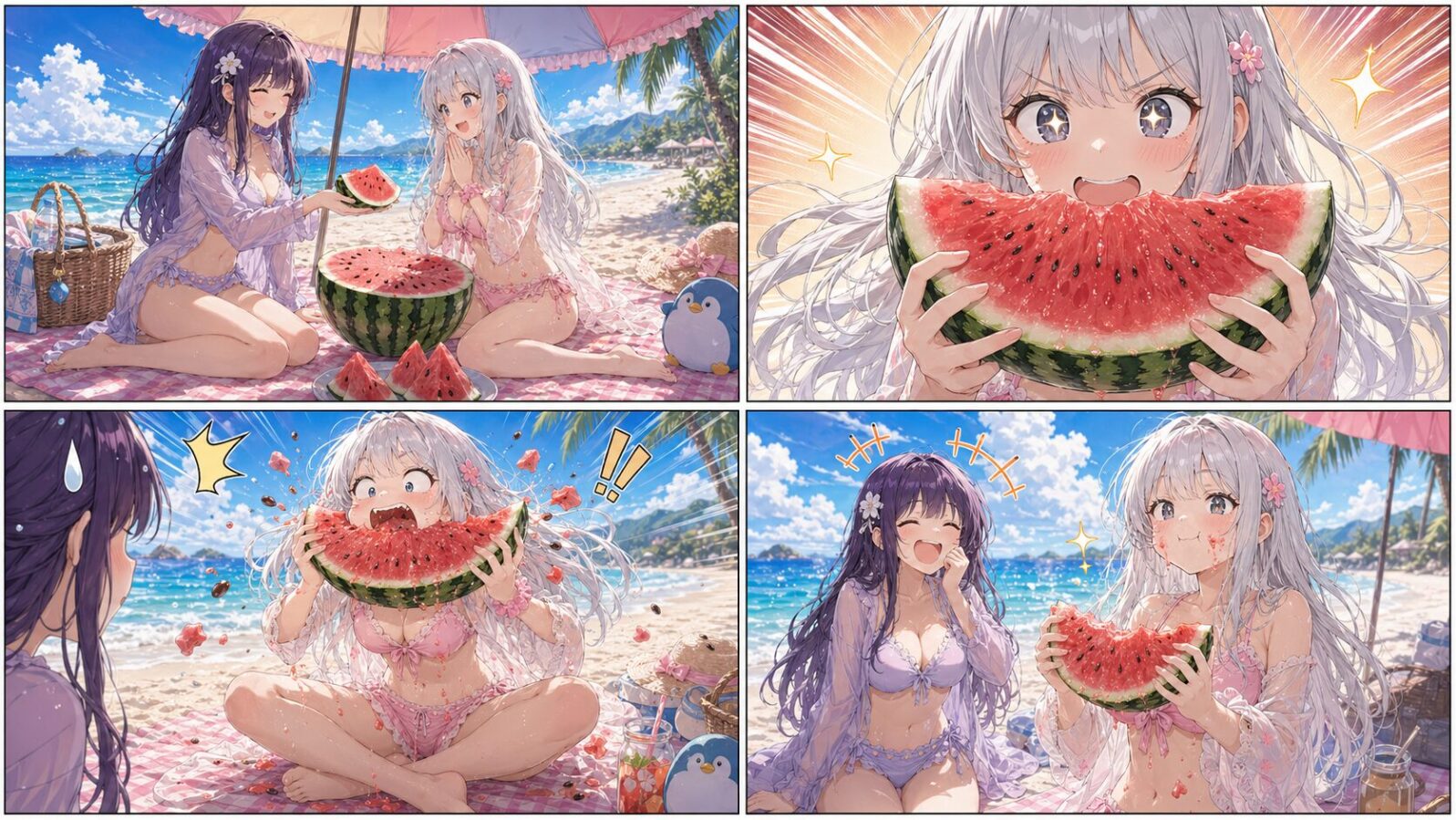 ビーチパラソルの下でスイカを前にしたじぴこが、目を輝かせて巨大な一切れに豪快にかぶりつき、友人を笑わせる4コマ漫画。「むしゃあああ！ 夏の勝利！」
