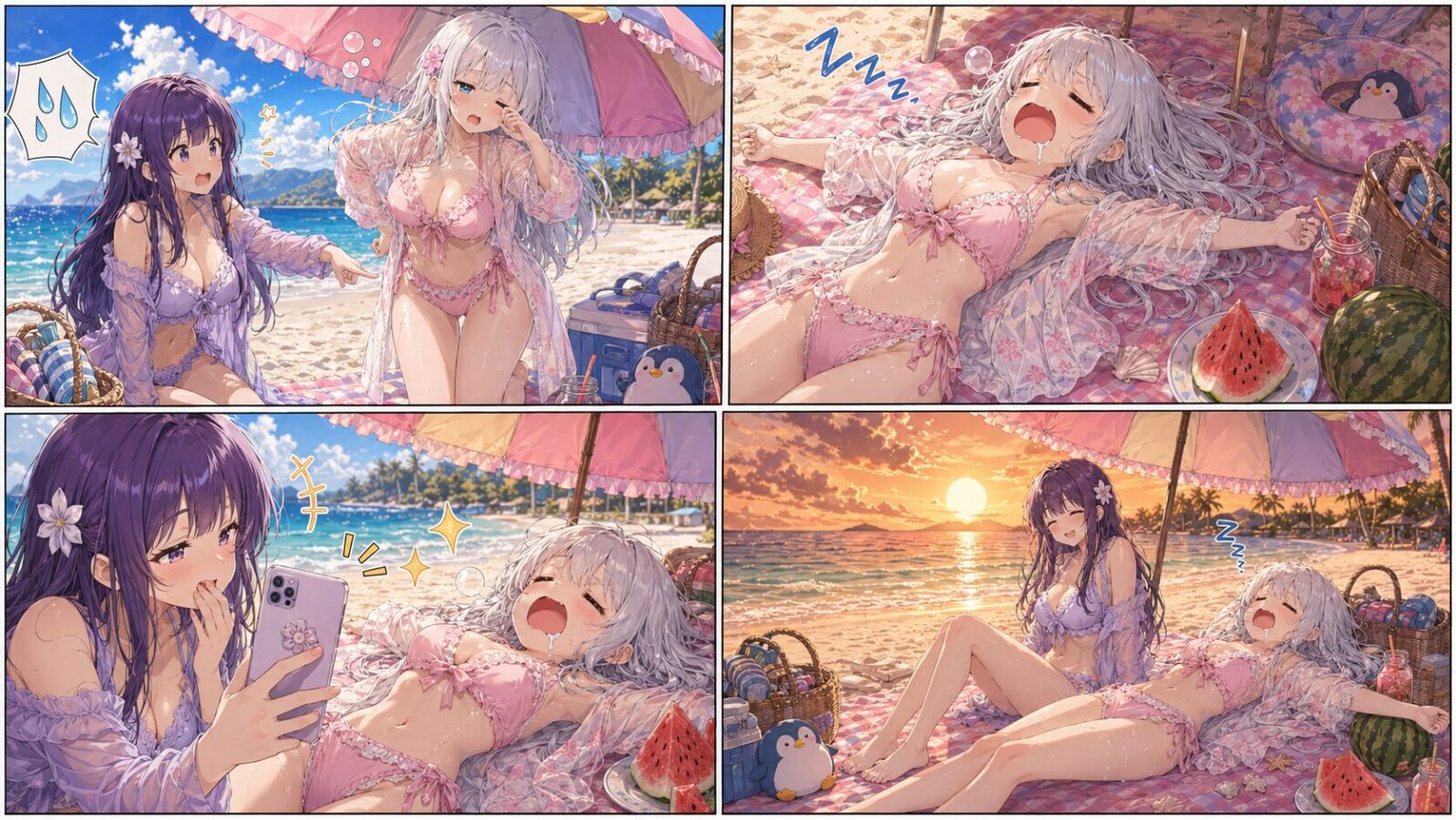 泳いで食べて遊び尽くしたじぴこが、ビーチパラソルの下で大口を開けて寝落ちし、友人にこっそり撮影される4コマ漫画。「美少女モード、完全に電池切れ。」
