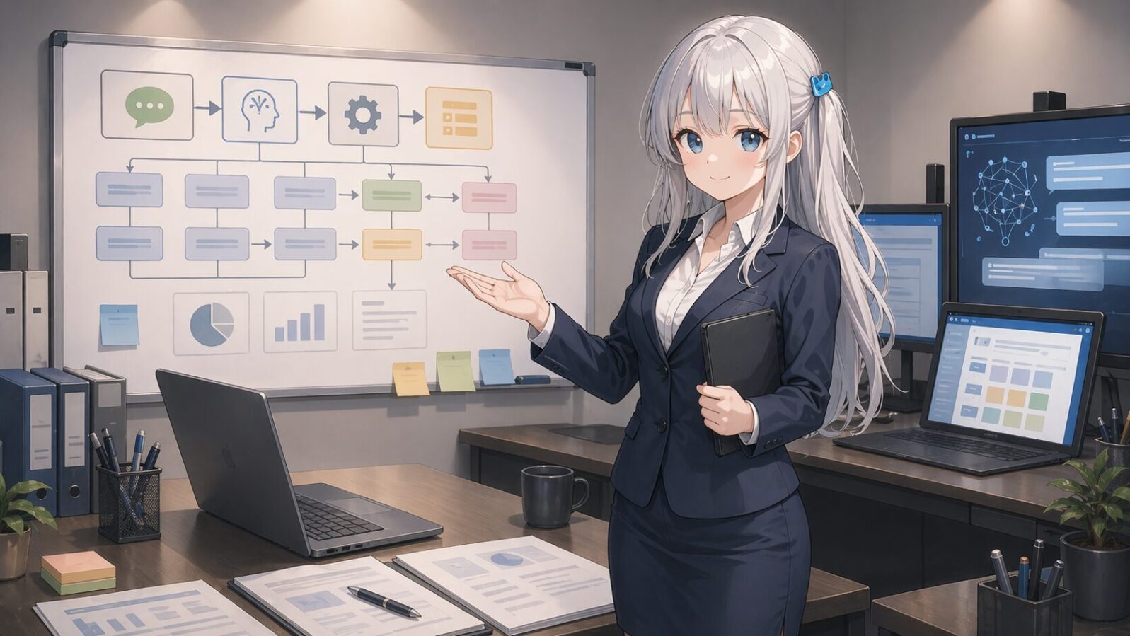 白髪のマスコットキャラがオフィスのワークフロー図を指しながら、ChatGPTとGUI CodexによるAI制作ラインの記事内容を案内している
