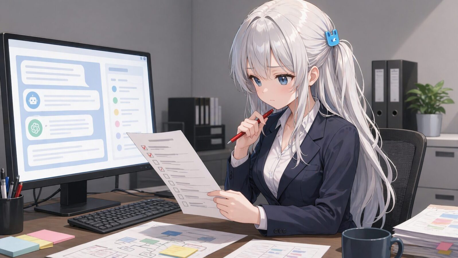 銀髪のマスコットキャラがオフィスでAI出力とチェックリストを見比べ、記事制作には文章生成だけでなく検査工程も必要だと確認している
