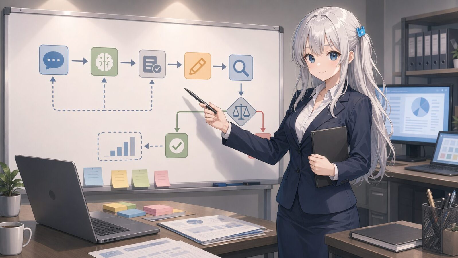 銀髪のマスコットキャラがオフィスのホワイトボードで制作フローを示し、ChatGPTとGUI Codexを役割分担させる実験目的を説明している
