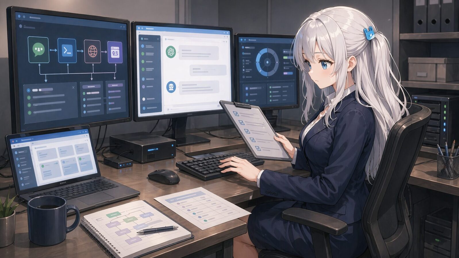 銀髪のマスコットキャラが複数モニターのあるオフィスで作業環境を確認し、ChatGPTやGUI Codexを使った制作ラインの準備を進めている

