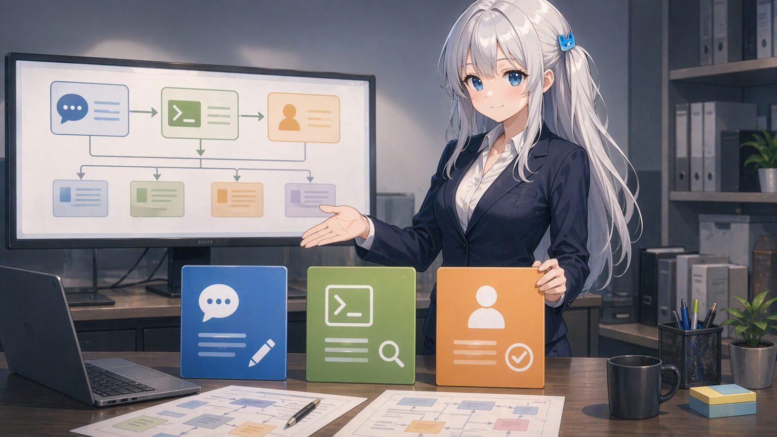 銀髪のマスコットキャラがオフィスで三つの役割カードを示し、ChatGPT、GUI Codex、ユーザーの分担を整理している
