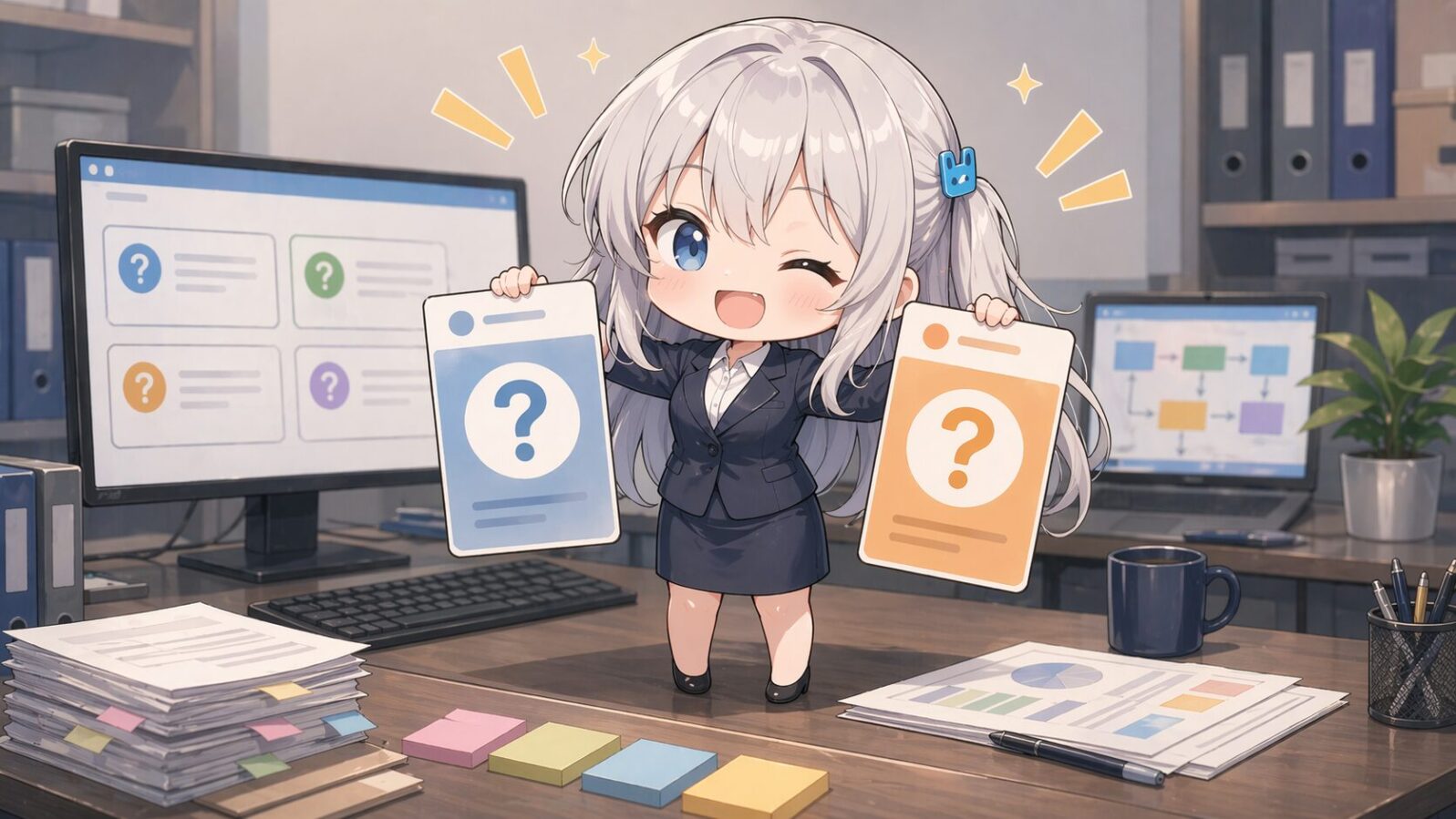 銀髪のマスコットキャラがオフィスの机上でFAQカードを掲げ、AI記事制作の初回テストに小さく検査しやすいFAQを選ぶ意図を示している
