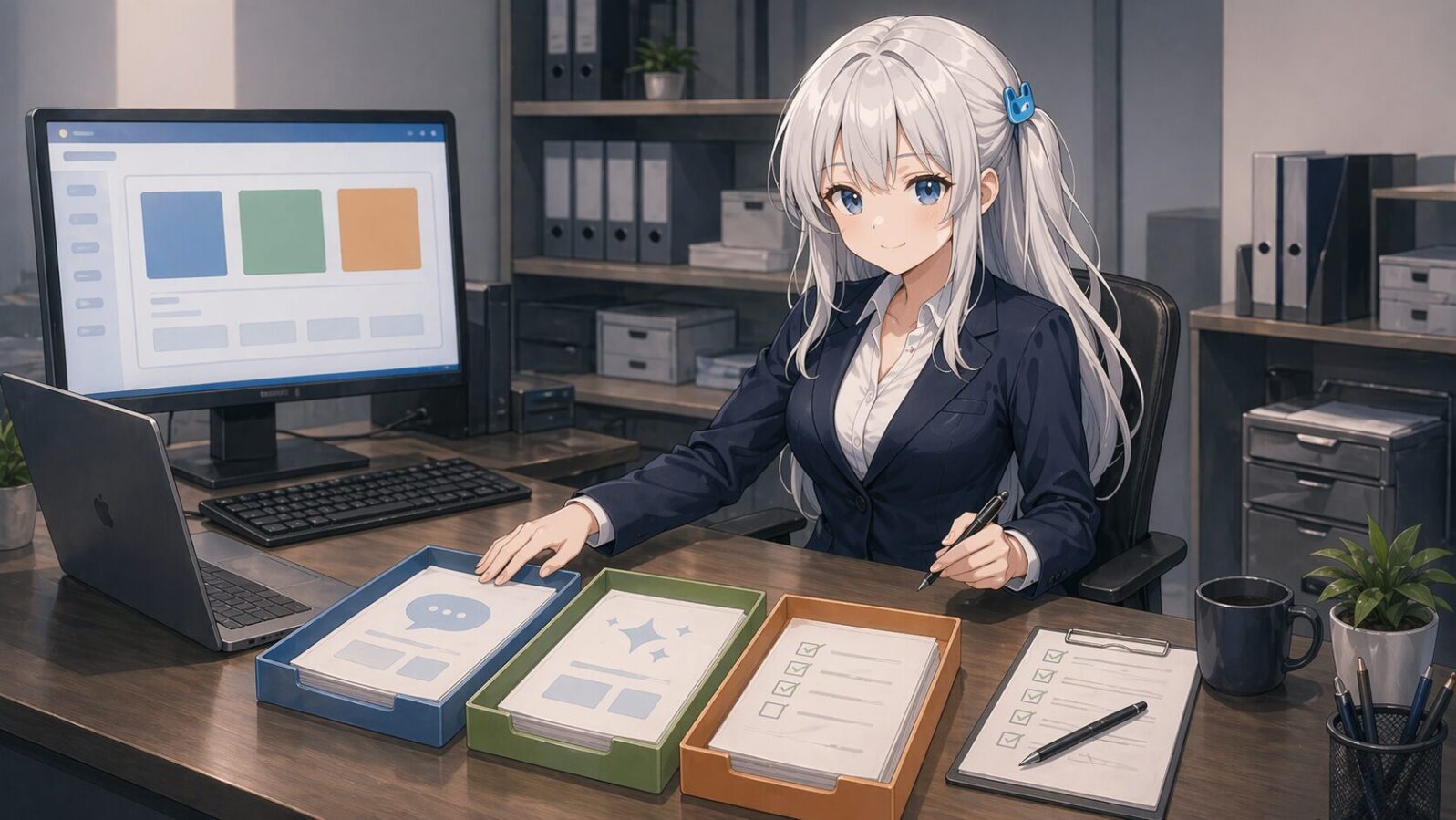 銀髪のマスコットキャラがオフィスの机で三つの資料トレーを整理し、FAQ生成v0.1で使う依頼・生成結果・検査用の最小構成を示している
