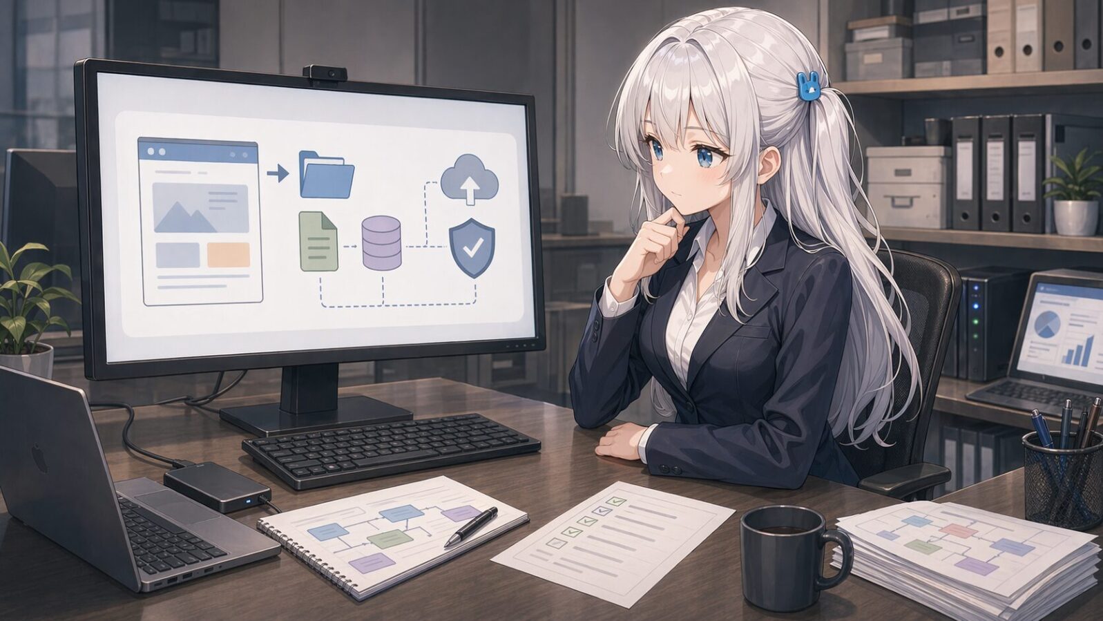 銀髪のマスコットキャラがオフィスでサイト構成やバックアップの図を確認し、WordPressバックアップを実地テストの題材として検討している
