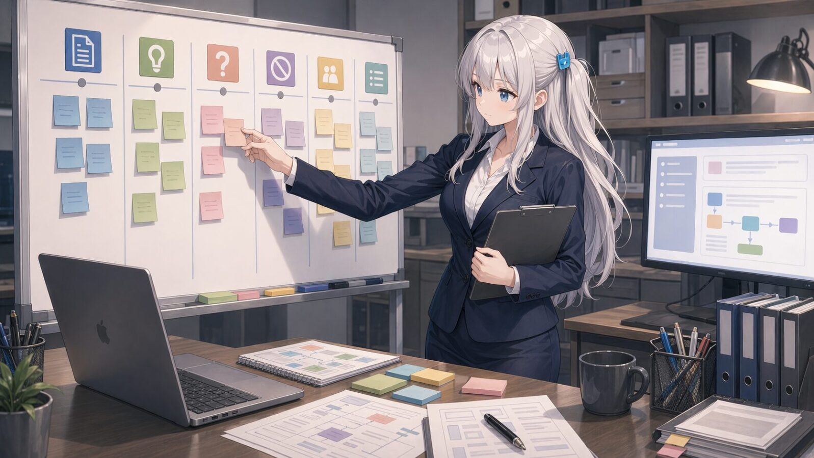 銀髪のマスコットキャラがオフィスで付箋を分類し、ChatGPTに渡す依頼内容として事実・推測・未確認や禁止条件を整理している
