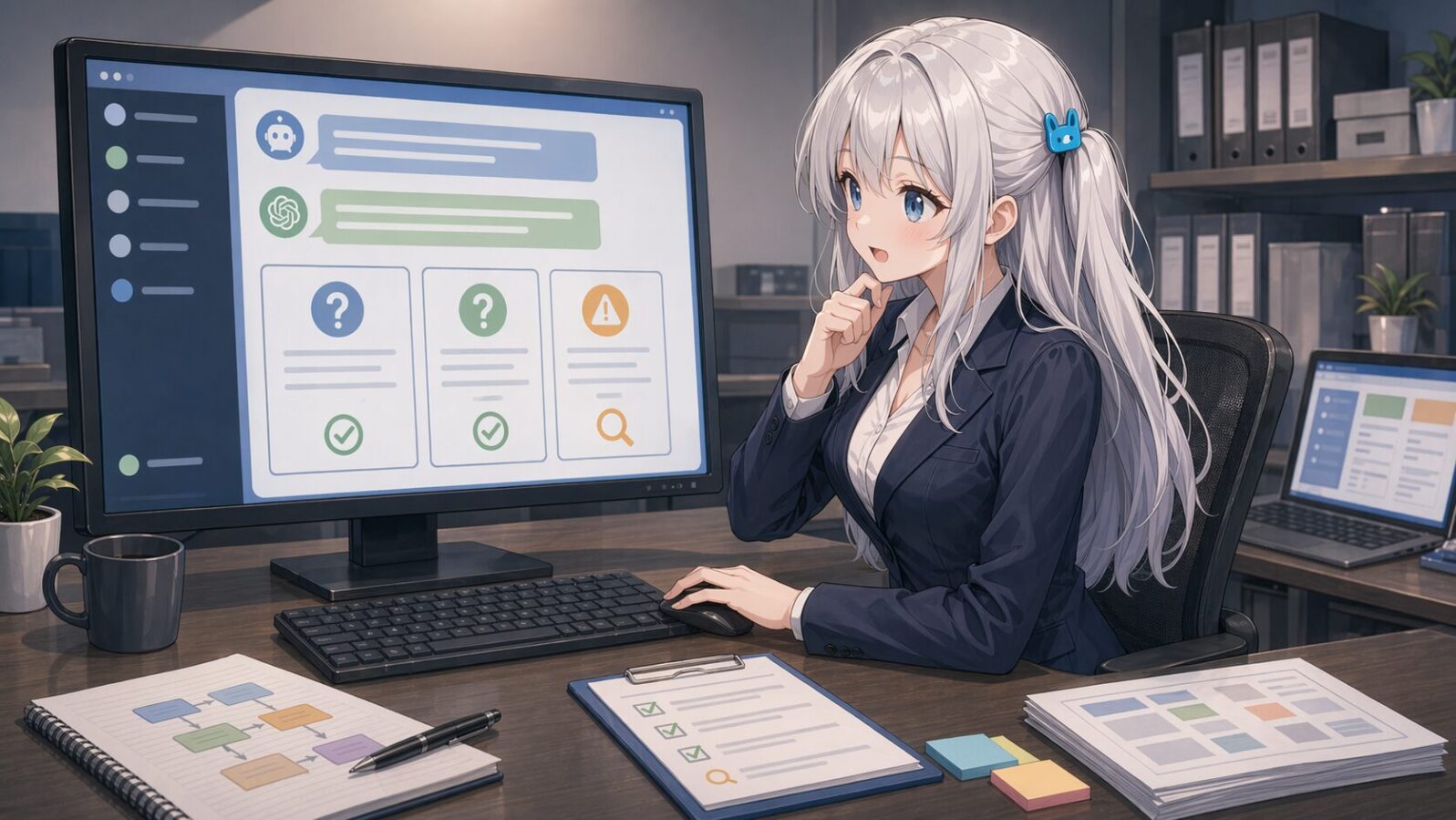 銀髪のマスコットキャラがオフィスのモニターに表示された初回FAQ出力を確認し、採用できる回答と注意が必要な回答を見分けている
