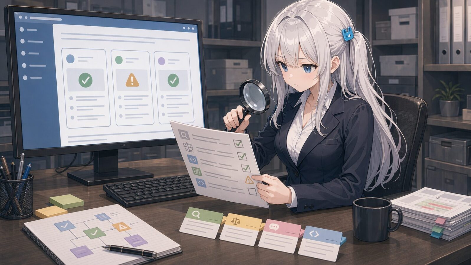 銀髪のマスコットキャラがオフィスのモニターに表示された初回FAQ出力を詳細に検査中。
