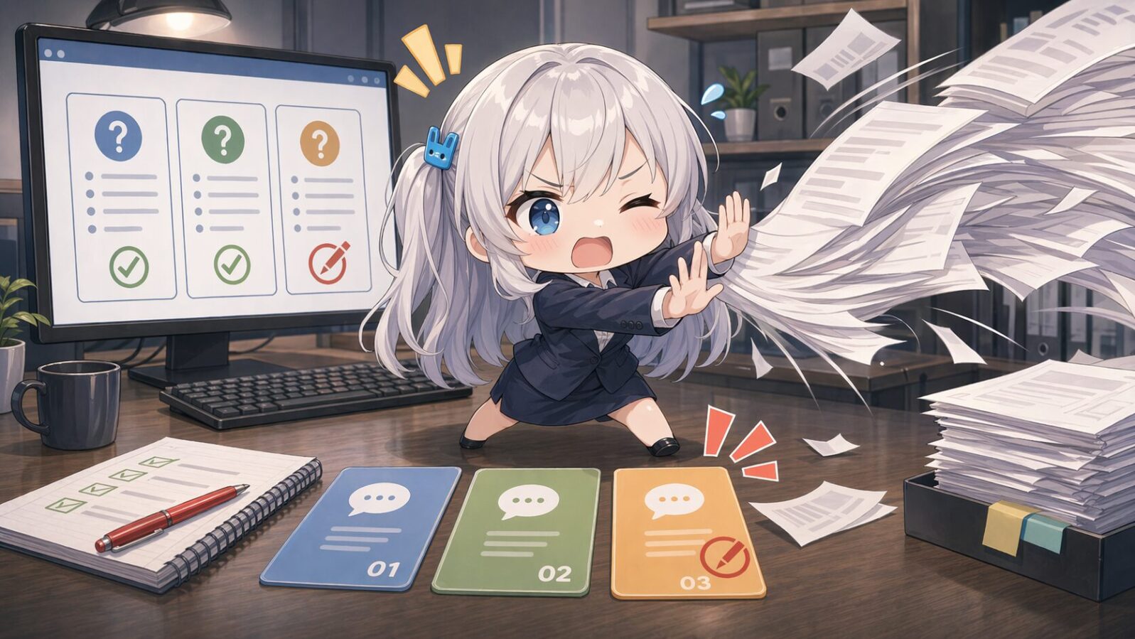 銀髪のちびマスコットキャラがオフィスで大量の原稿紙を押し止め、FAQ-03だけを差分修正する重要性をコミカルに示している
