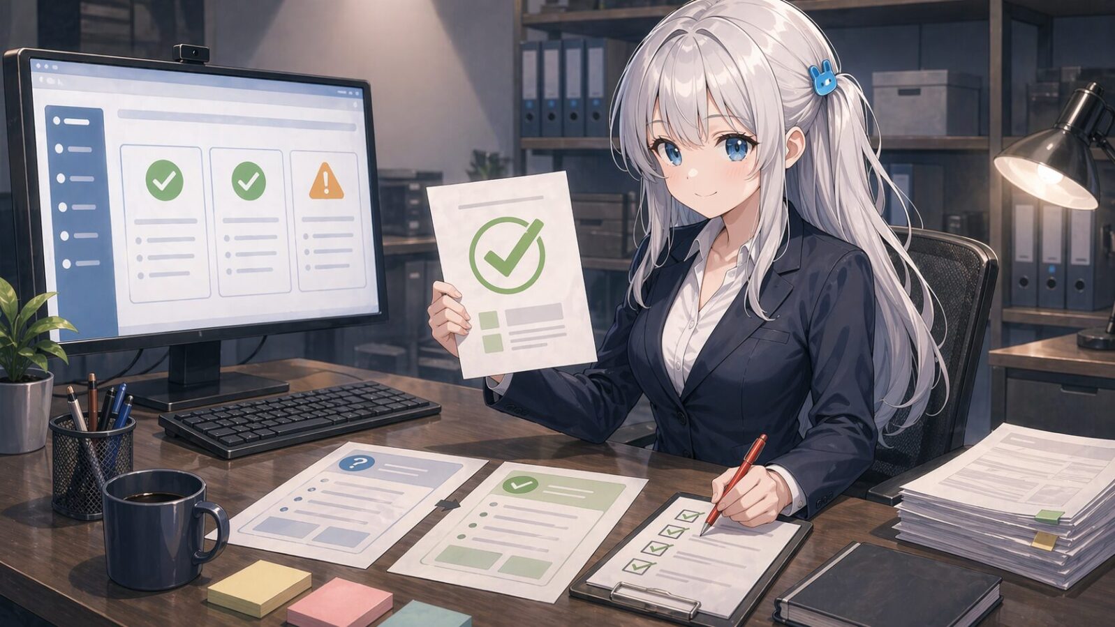 銀髪のマスコットキャラがオフィスで修正版FAQを確認し、慎重な表現に直した回答を採用できる状態としてチェックしている
