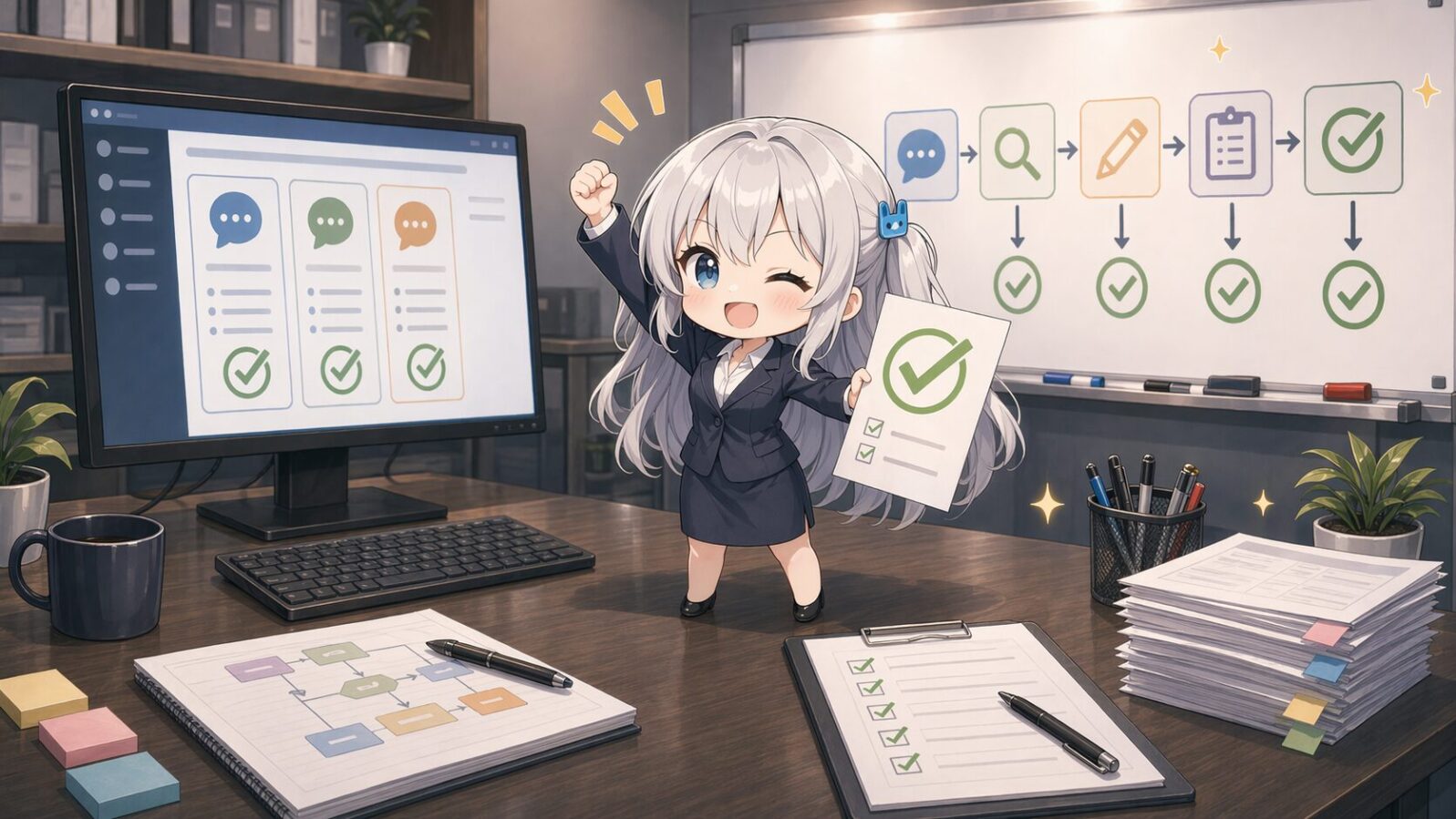 銀髪のちびマスコットキャラがオフィスの机上でガッツポーズし、FAQ生成から検査と差分修正まで成立したv0.1実験の結果を喜んでいる
