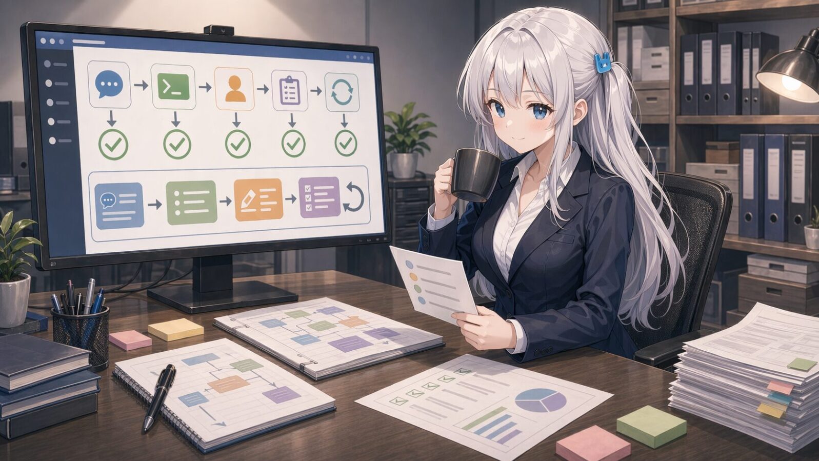 銀髪のマスコットキャラがオフィスで実験メモを見ながらコーヒーを飲み、ChatGPTとGUI Codexの役割分担から得た知見を振り返っている
