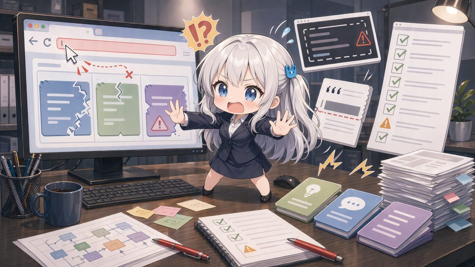 銀髪のちびマスコットキャラがオフィスのPC前で入力欄のズレや長すぎるチェックリストに慌て、UI越しの運用で注意すべき点を示している
