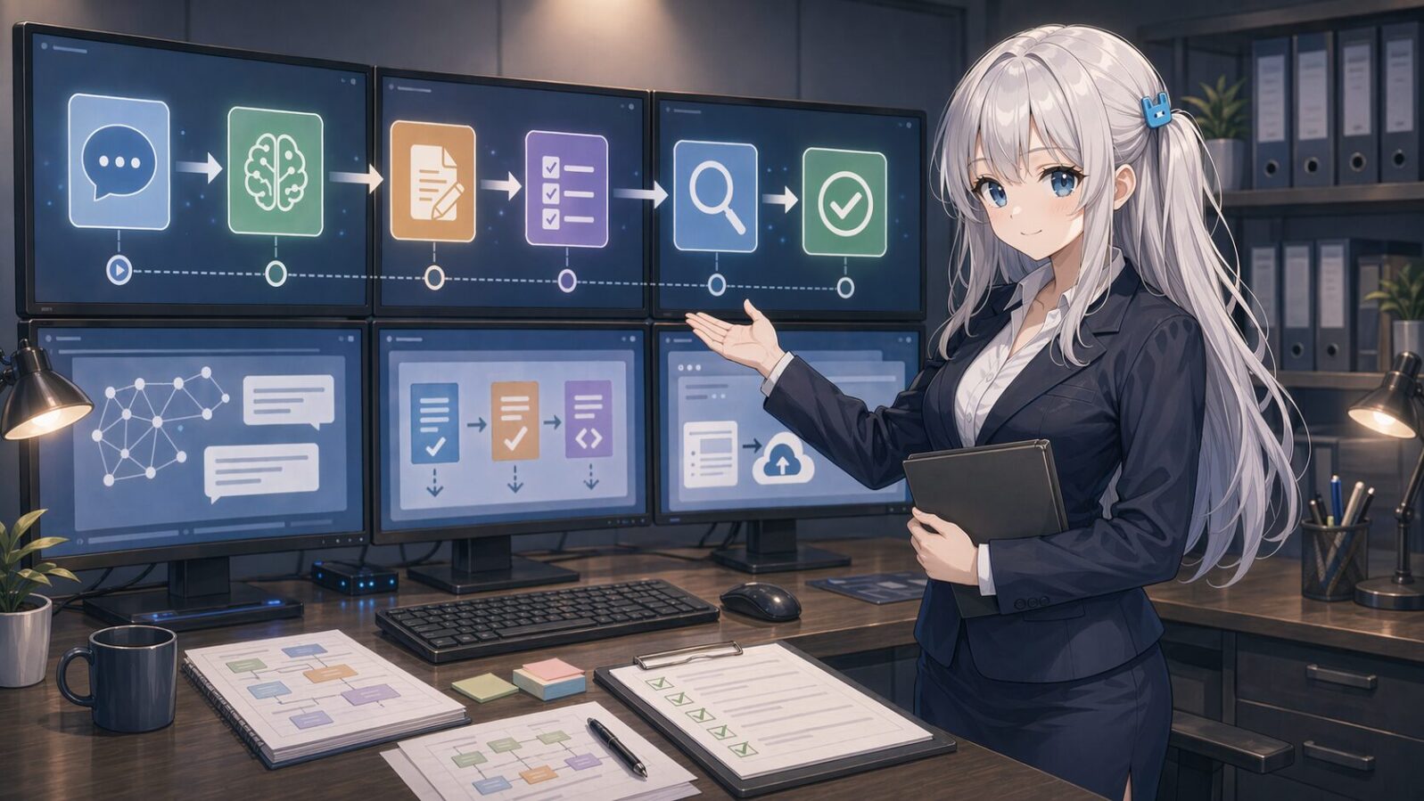 銀髪のマスコットキャラがオフィスの複数モニターに表示された制作ライン図を示し、AIを記事制作工程に組み込む可能性を表している
