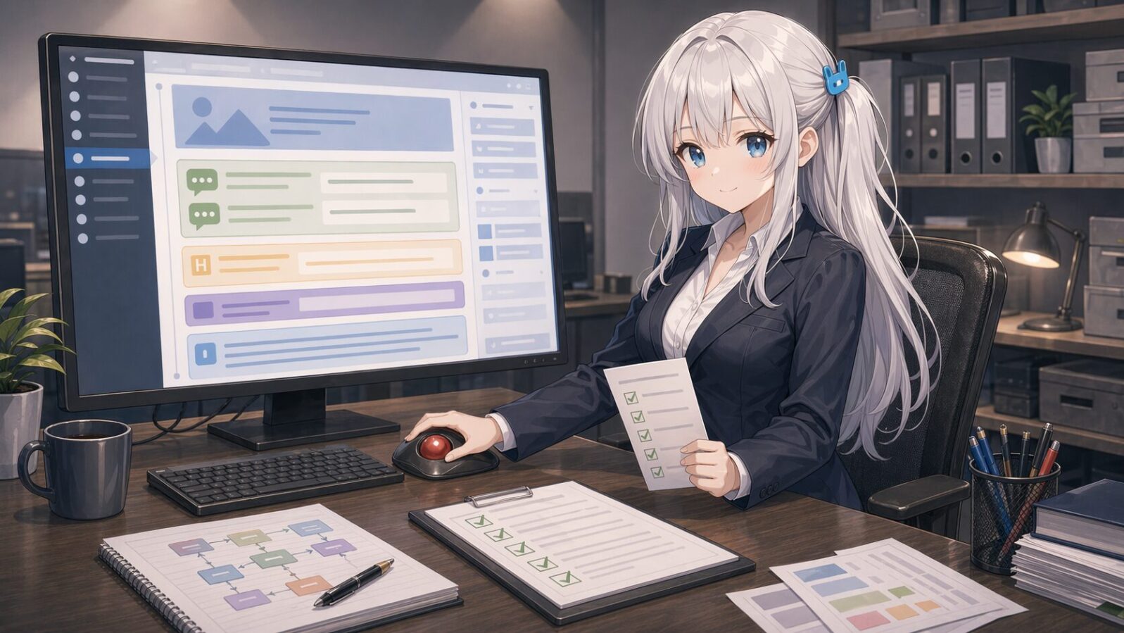 銀髪のマスコットキャラが赤玉トラックボールを使いながら記事編集画面風のブロックを確認し、AI制作ラインをWordPress記事制作へ応用している
