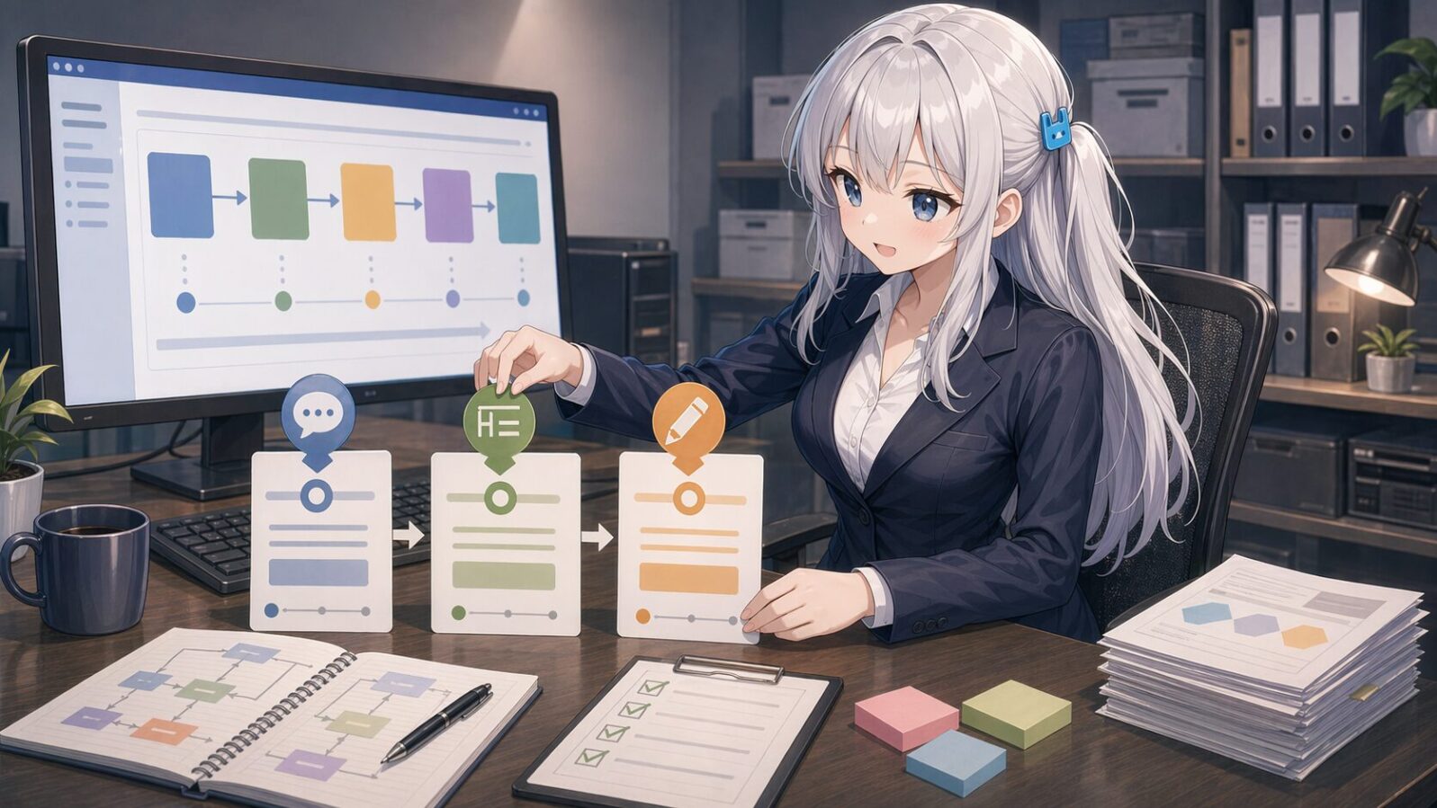 銀髪のマスコットキャラがオフィスで拡張ステップのカードを並べ、メタディスクリプションや見出しリライトなど次のAI制作ラインを計画している
