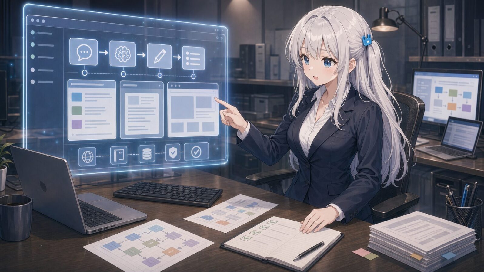 銀髪のマスコットキャラがオフィスでアプリ内ブラウザ風の操作パネルを指し、IABが操作層を持つ未来の制作ラインを考えている
OK