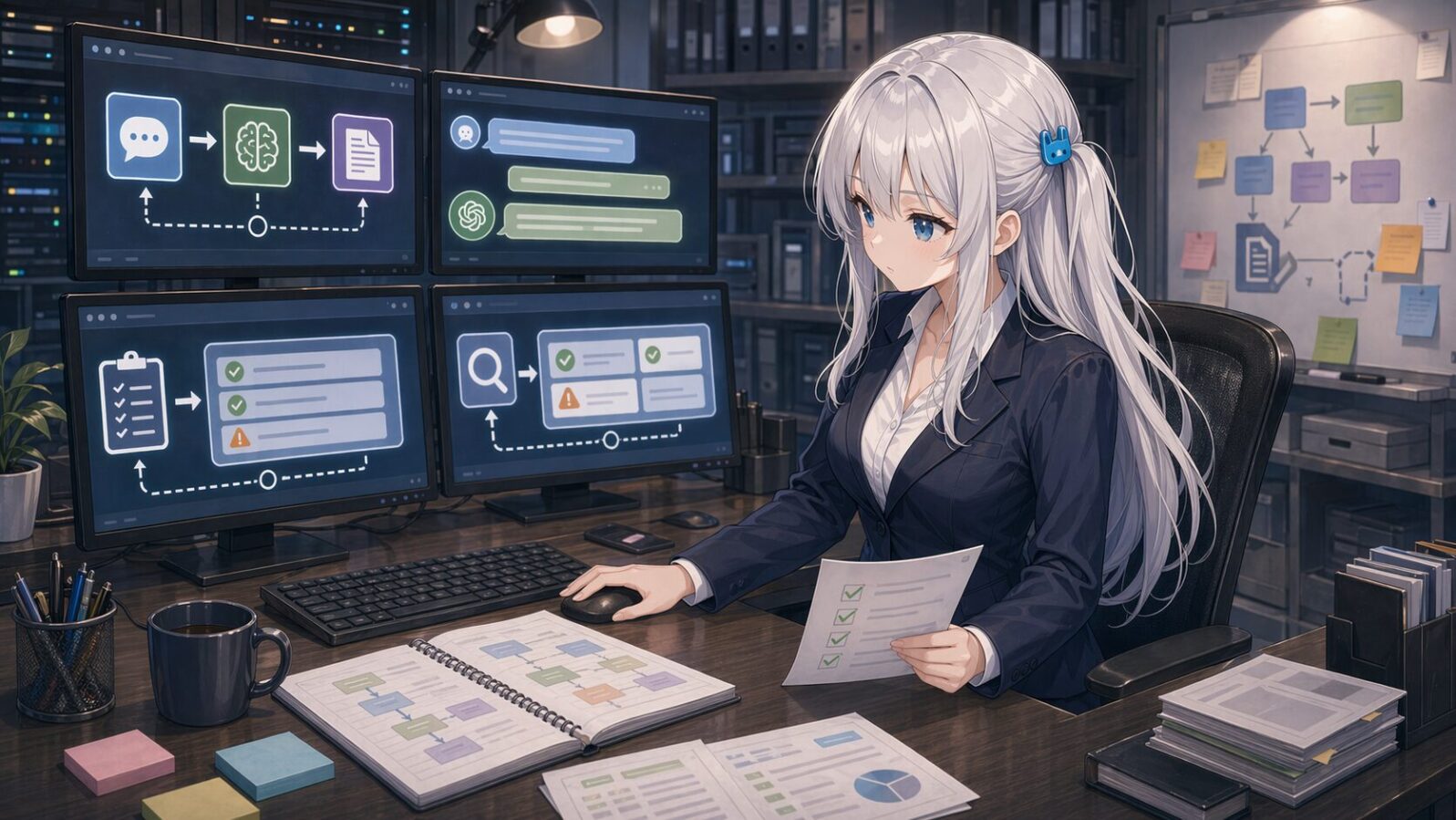 銀髪のマスコットキャラがオフィスでアプリ内ブラウザ風の操作パネルを指し、IABが操作層を持つ未来の制作ラインを考えている
