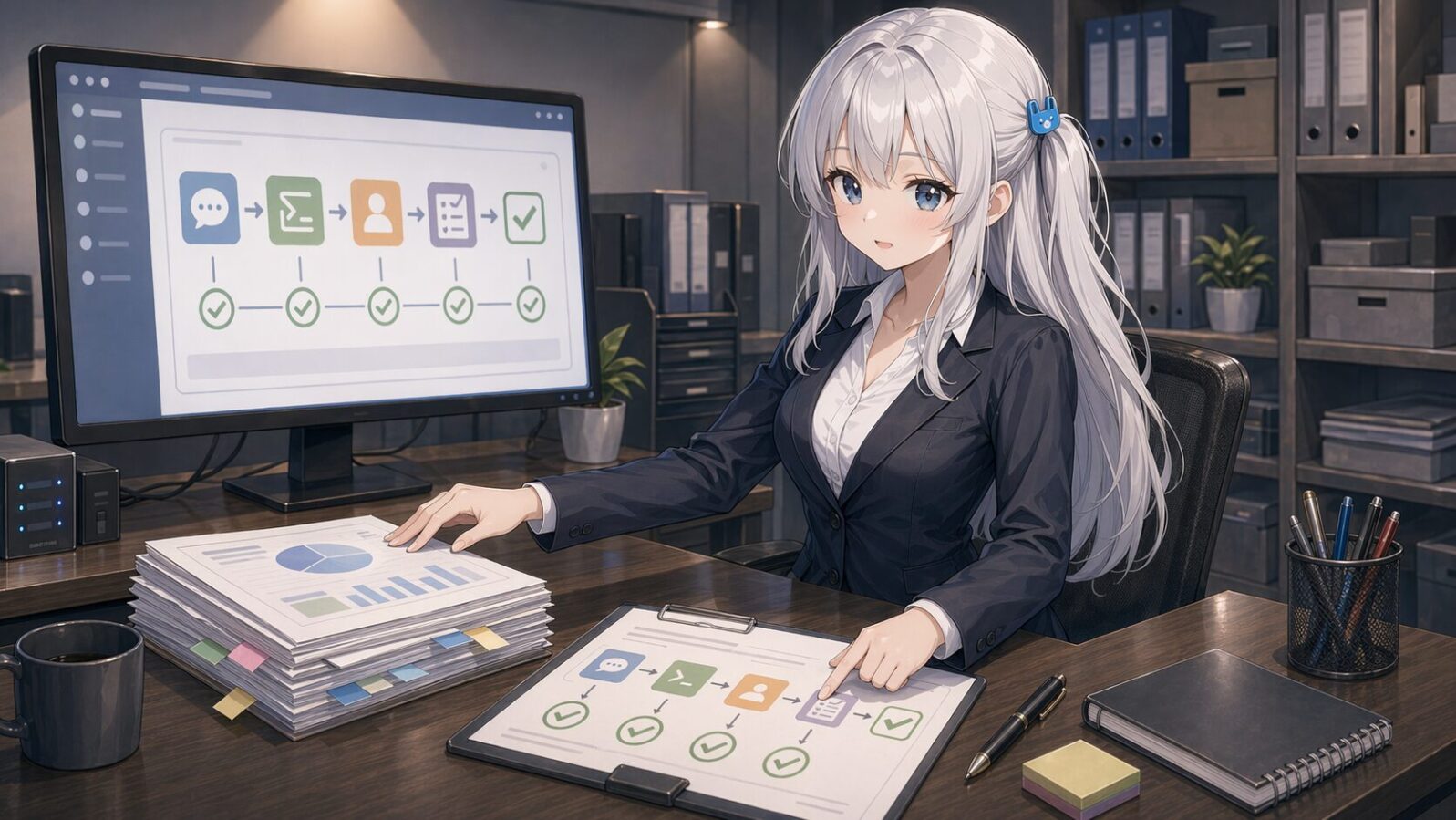 銀髪のマスコットキャラがオフィスで完成した報告書とチェック済みフロー図を示し、AI制作ライン実験の総合結論を落ち着いて伝えている
