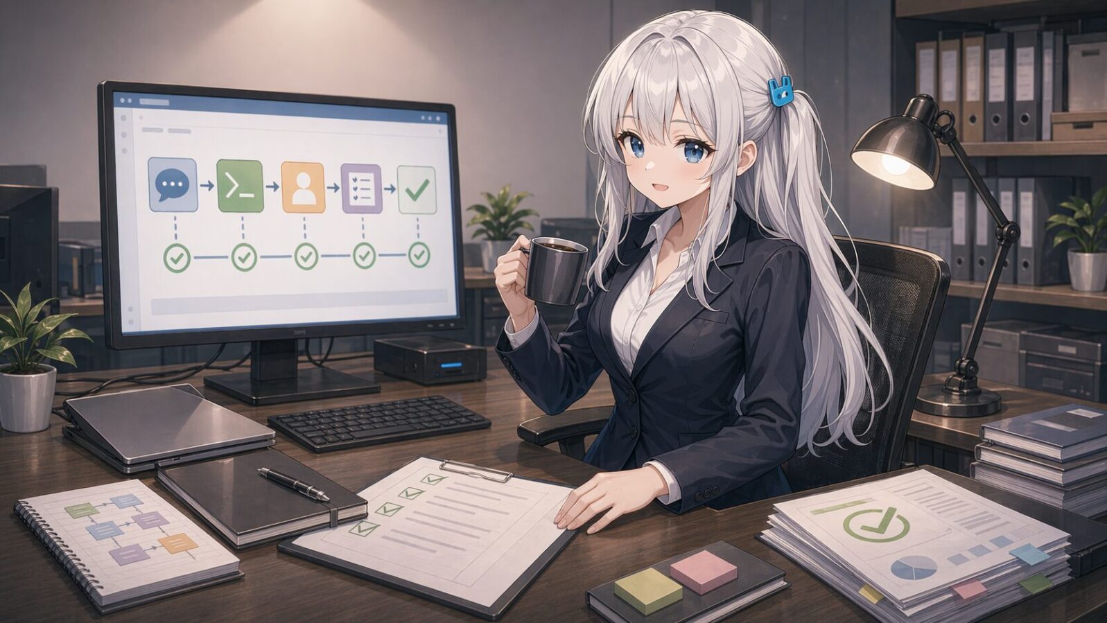 銀髪のマスコットキャラがオフィスでコーヒーを手に作業を締めくくり、ChatGPTとGUI CodexによるAI制作ラインの要点を穏やかに振り返っている
