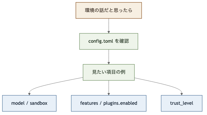 縦長の判断フロー図で、GUI Codex 設定の環境面を見るときにconfig.tomlの確認項目を示す図。
