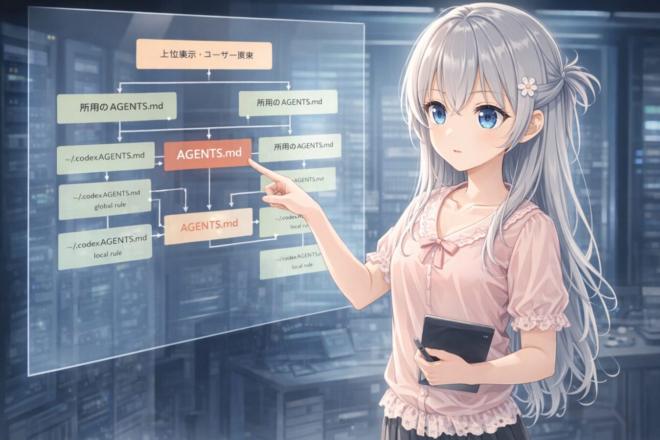 横長のイメージ画像で、AGENTS.mdがGUI Codex 設定の行動ルールや優先順位を担うことを表すビジュアル。
