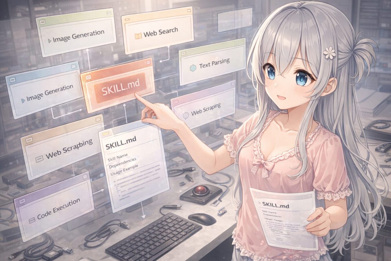 横長のイメージ画像で、SkillsとSKILL.mdがGUI Codex 設定の機能層を担うことを表すビジュアル。
